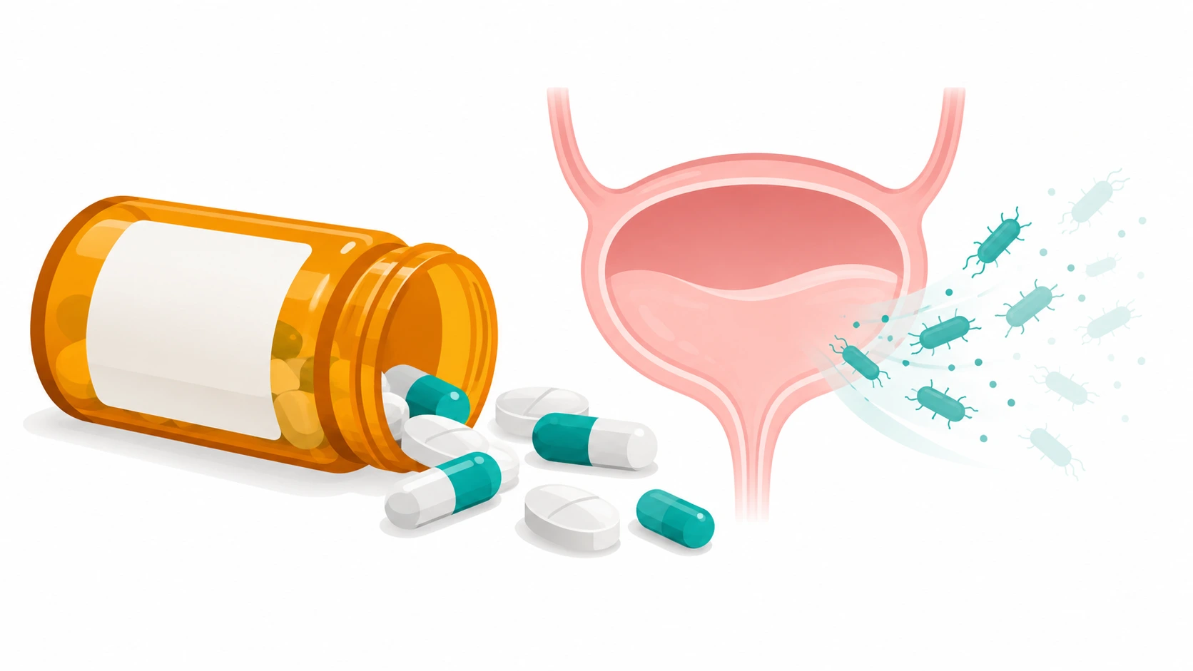 Prescription bottle with antibiotic capsules next to a bladder outline where UTI bacteria are fading, showing antibiotics for a UTI
