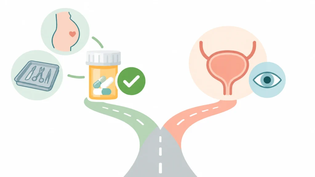 A path splitting between antibiotics for pregnancy or surgery and watchful waiting, showing when bacteria in urine without symptoms is treated