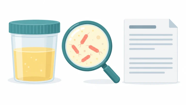Urine cup with a magnifying lens showing rod-shaped bacteria next to a lab report, showing bacteria in urine on a test