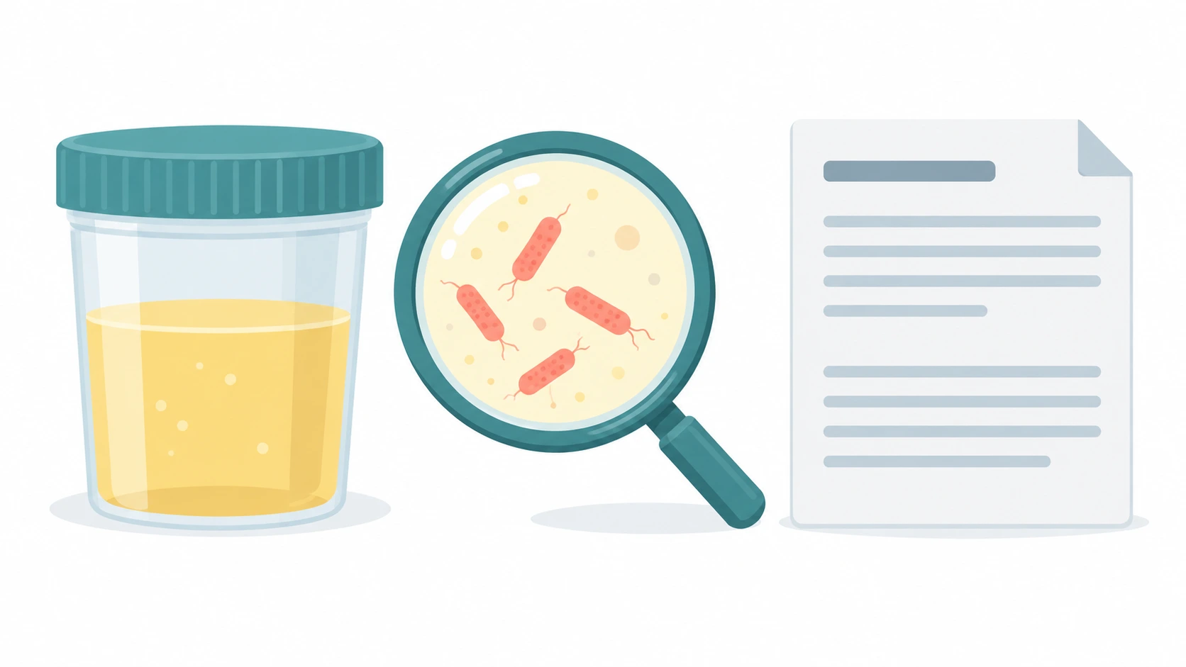 Urine cup with a magnifying lens showing rod-shaped bacteria next to a lab report, showing bacteria in urine on a test