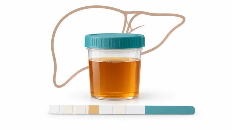 Cup of dark amber urine in front of a liver outline with a dipstick, showing bilirubin in urine