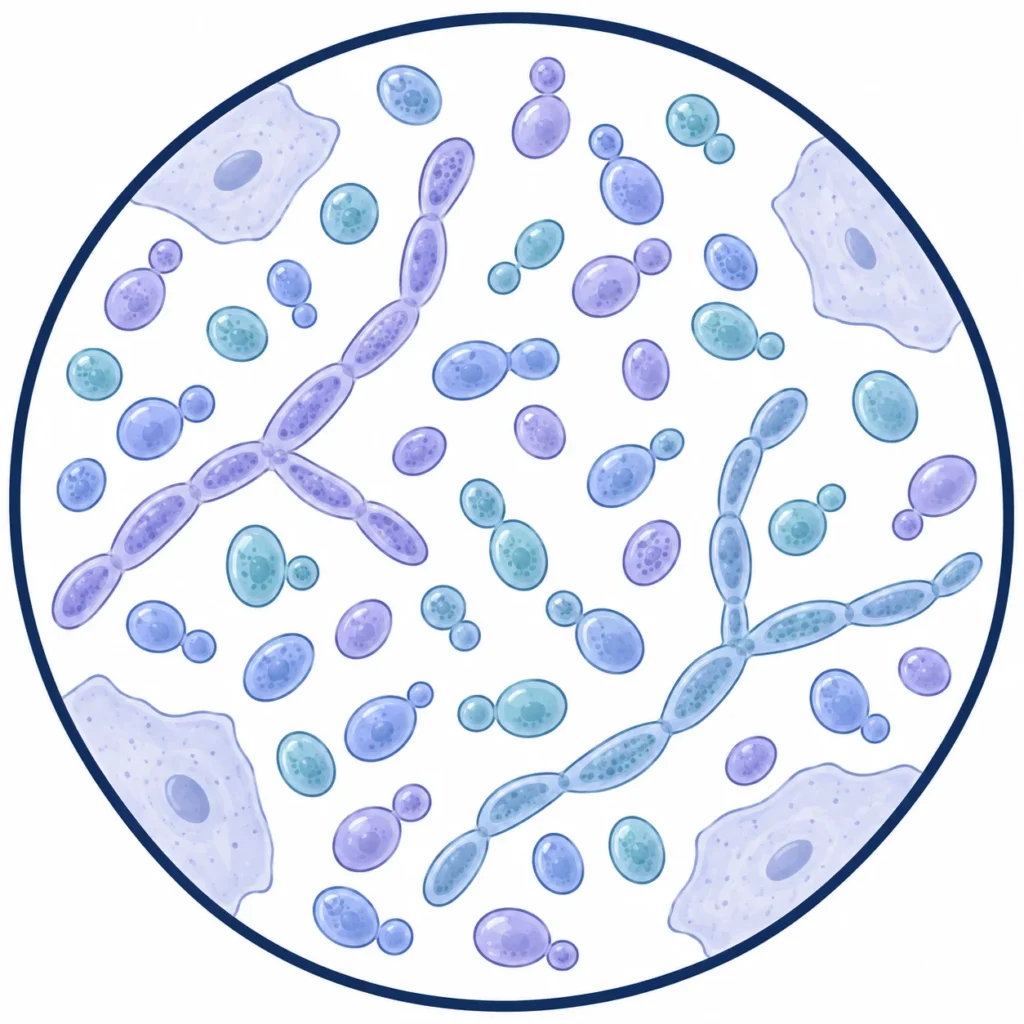 Microscope view of budding yeast cells and branching pseudohyphae in a urine sample