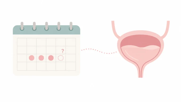 Calendar with period days and a question mark next to a bladder, showing the question of whether a UTI affects your period