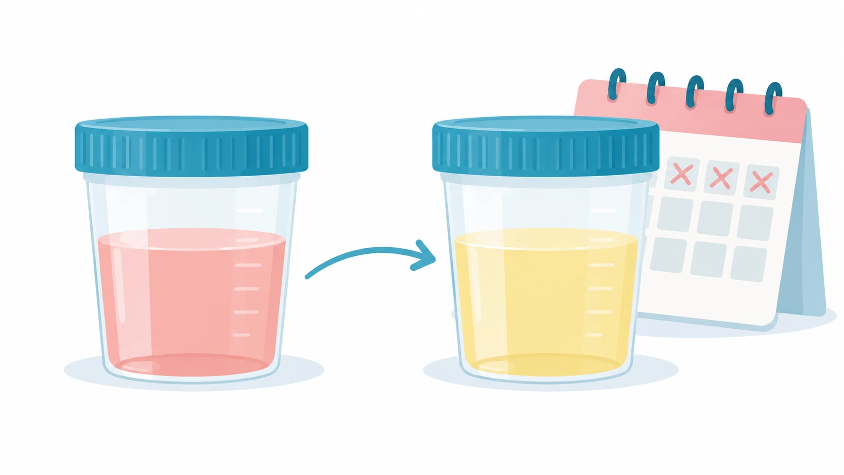 A urine sample with pink blood next to a clear yellow sample days later, showing blood in urine that went away on its own