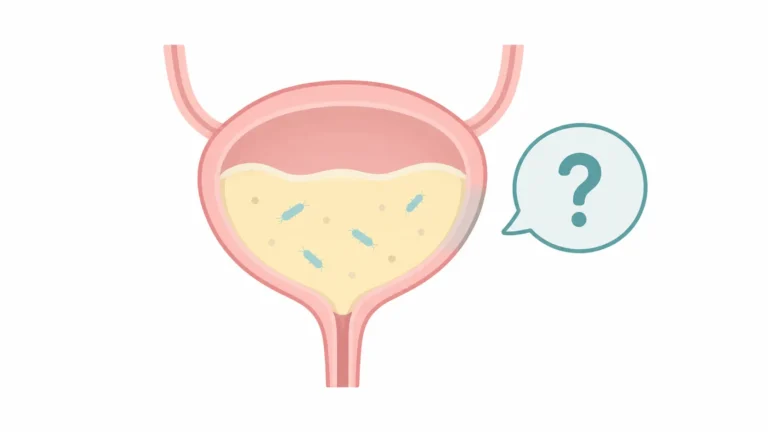 Calm bladder illustration with a few bacteria and a question mark, showing a UTI that may not cause pain