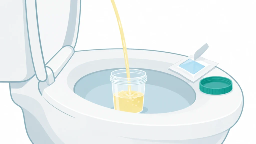 Urine cup catching the middle of the stream with a cleansing wipe, showing how to give a clean-catch urine sample