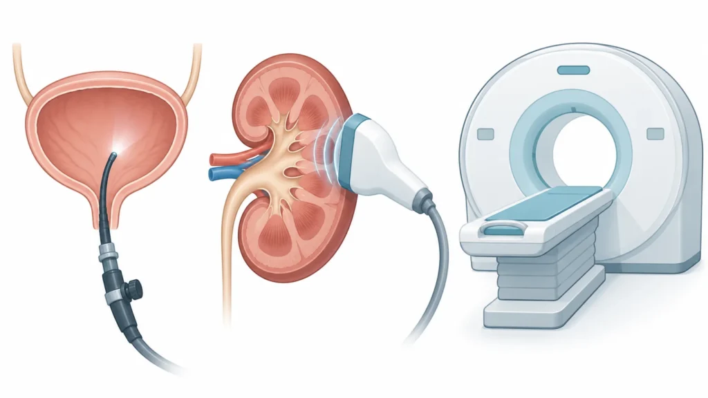 Illustration of a cystoscopy into the bladder, a kidney ultrasound and a CT scanner used to look for the source of blood in urine