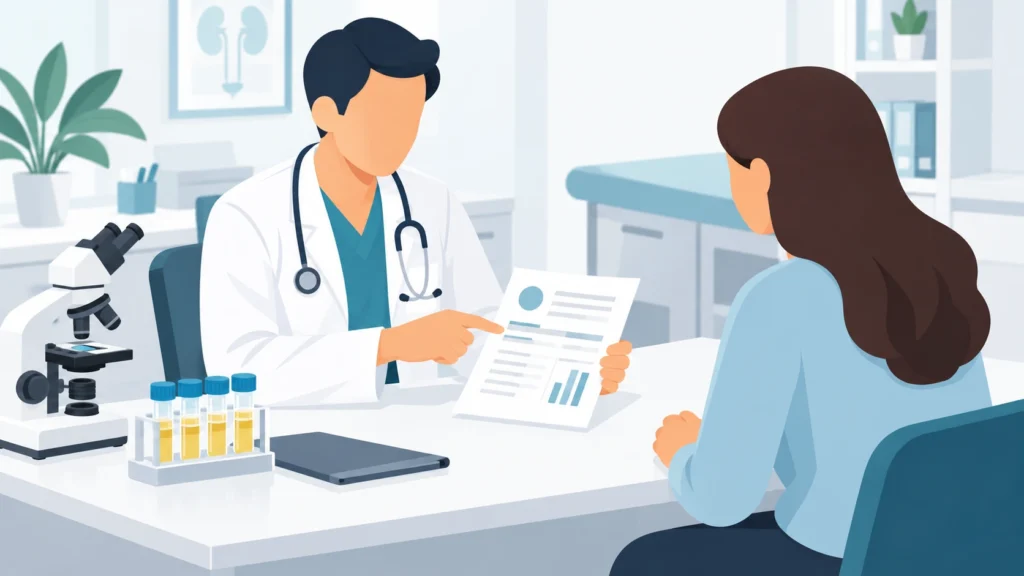 Doctor reviewing a urine test with a patient after blood in urine went away on its own