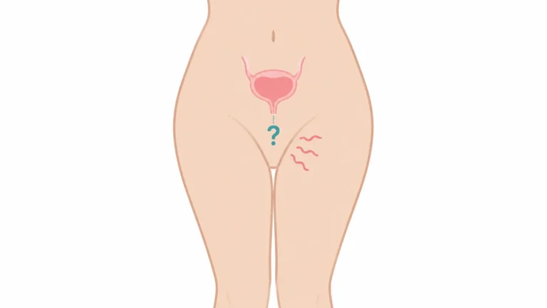 Outline of the pelvis showing the bladder inside and an itchy area outside, illustrating that a UTI usually doesn't cause itching