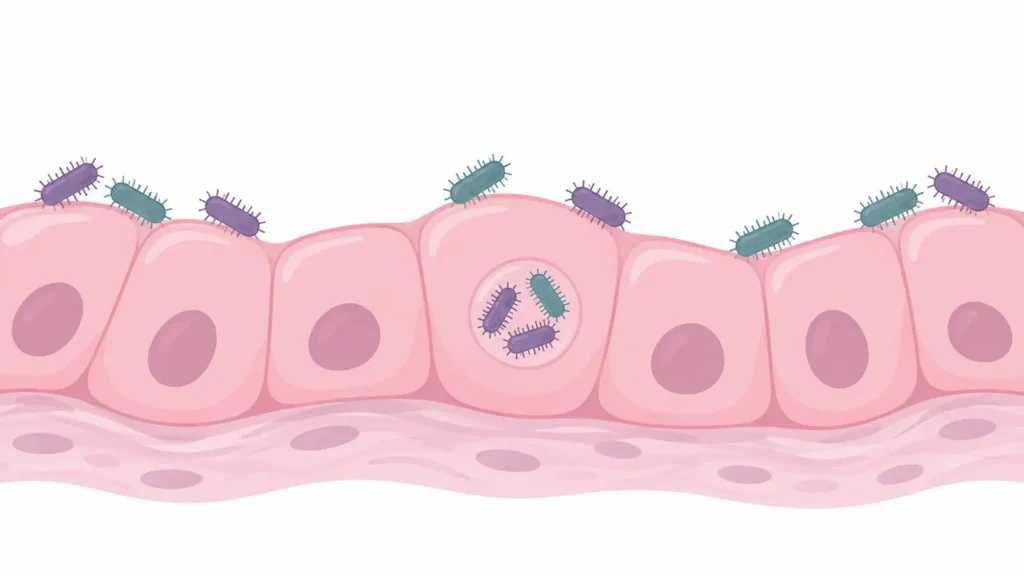 Illustration of E. coli bacteria gripping and entering the cells of the bladder lining during a urinary tract infection
