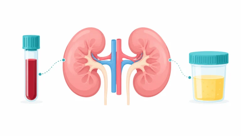 A pair of kidneys between a blood test tube and a urine sample cup, the two tests that find early kidney disease