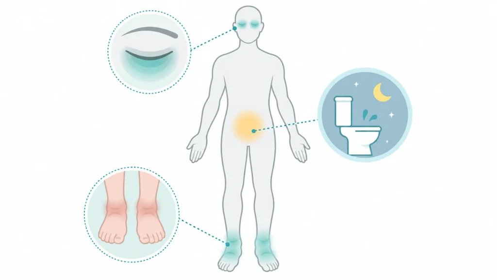 Body outline marking puffy eyes, swollen ankles and urine changes, early signs of kidney disease