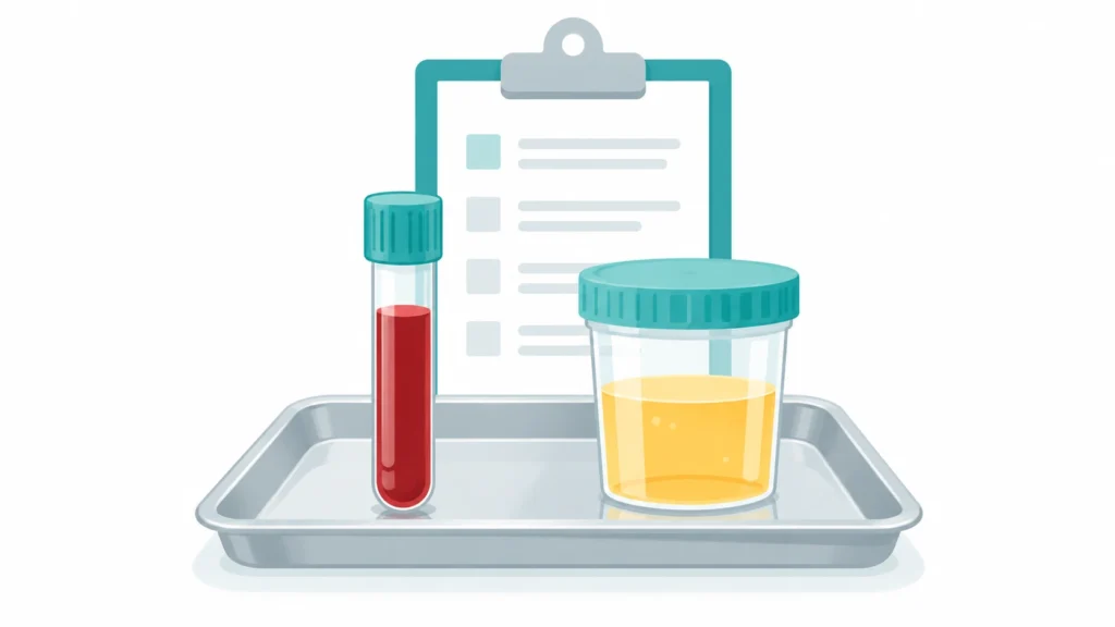 Blood sample tube and urine cup on a lab tray, the eGFR and UACR tests that check for kidney disease