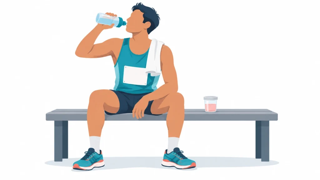 Runner resting after a race next to a urine sample with a pink tint from exercise-induced blood in urine