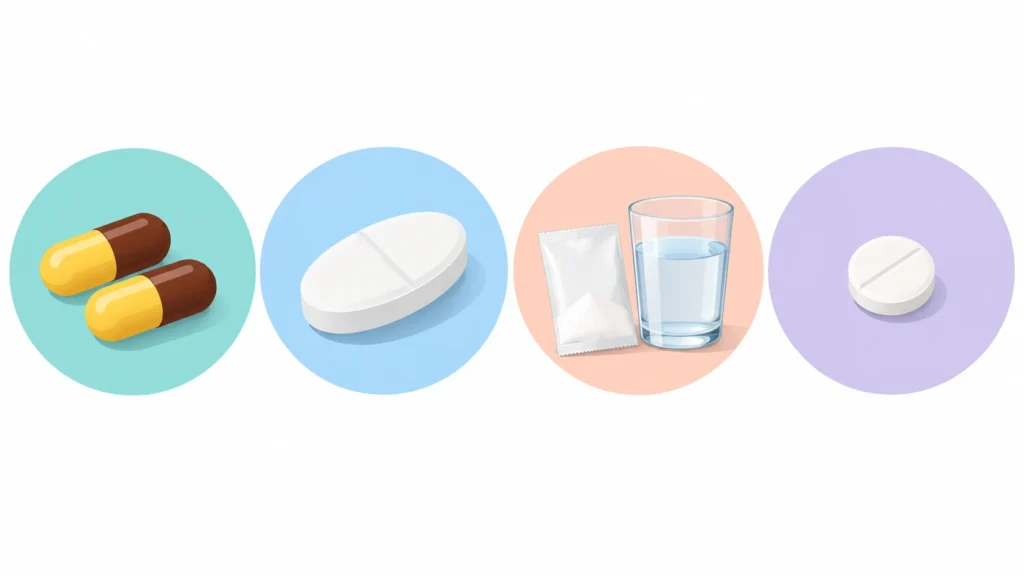 Capsules, an oval tablet, a powder sachet with water and a small tablet, representing the first-line antibiotics for a UTI