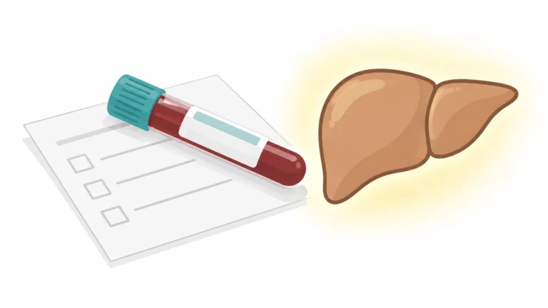 sample tube on a lab form next to a liver outline with a yellow glow, showing a high bilirubin blood test