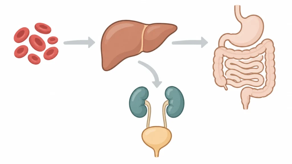 Flow from red blood cells to the liver, intestine and kidneys, showing how bilirubin gets into urine