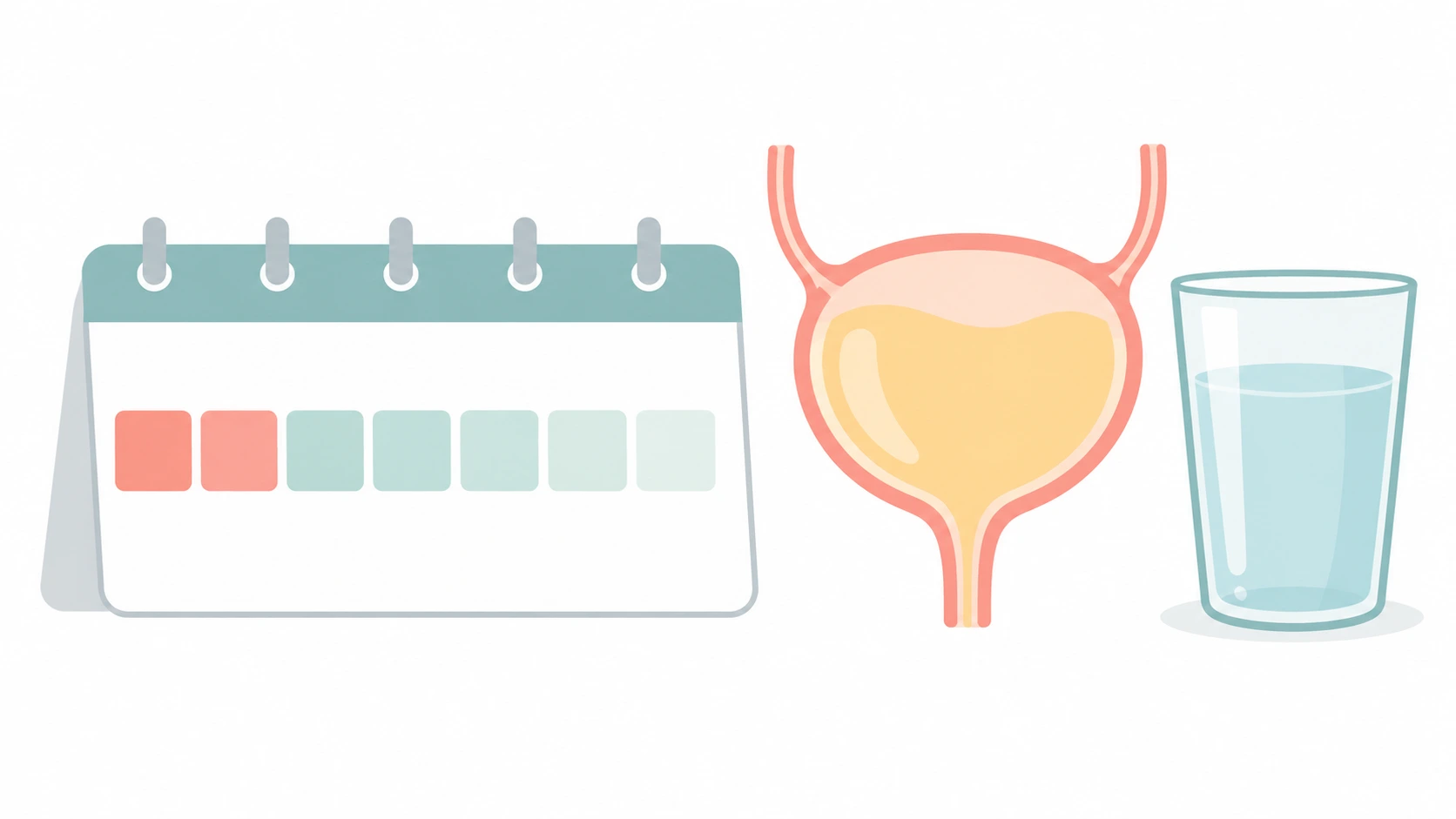 Calendar with the first days shaded next to a bladder outline and a glass of water, showing how long a UTI lasts