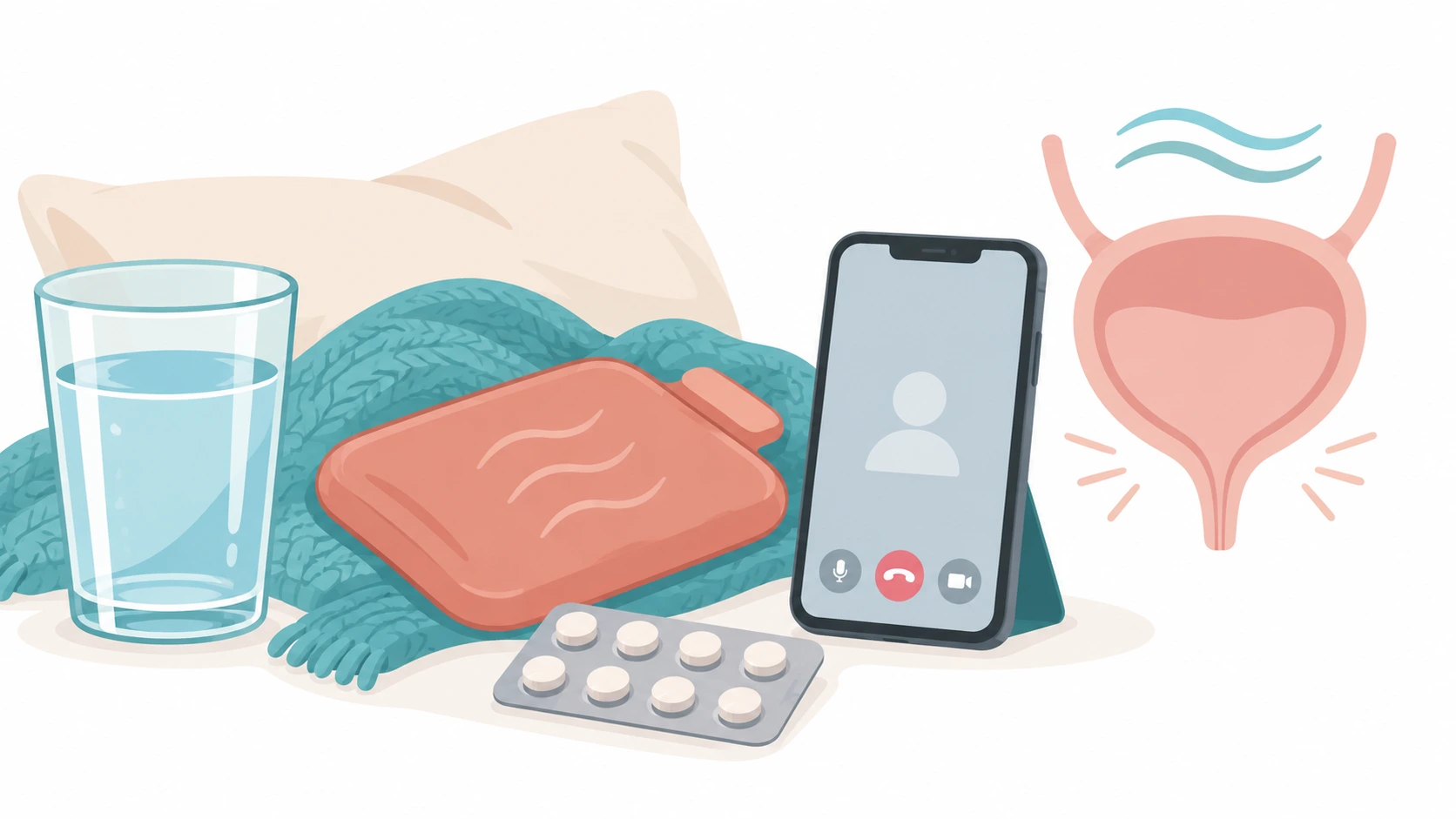 Glass of water, heating pad, tablets and a phone for a telehealth visit, showing how to get rid of a UTI fast
