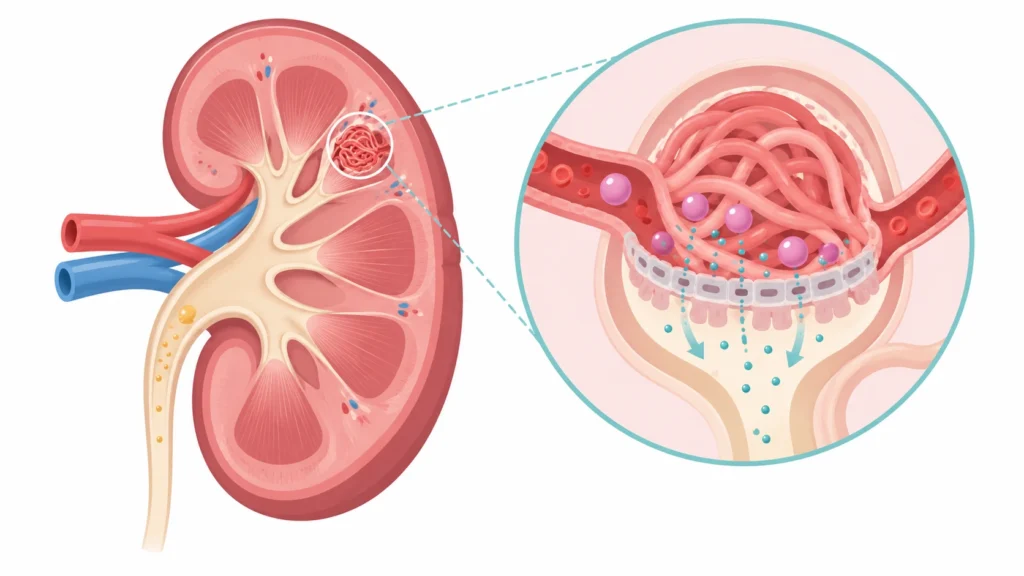 Kidney cross-section with a magnified view of the tiny filters that keep protein in the blood