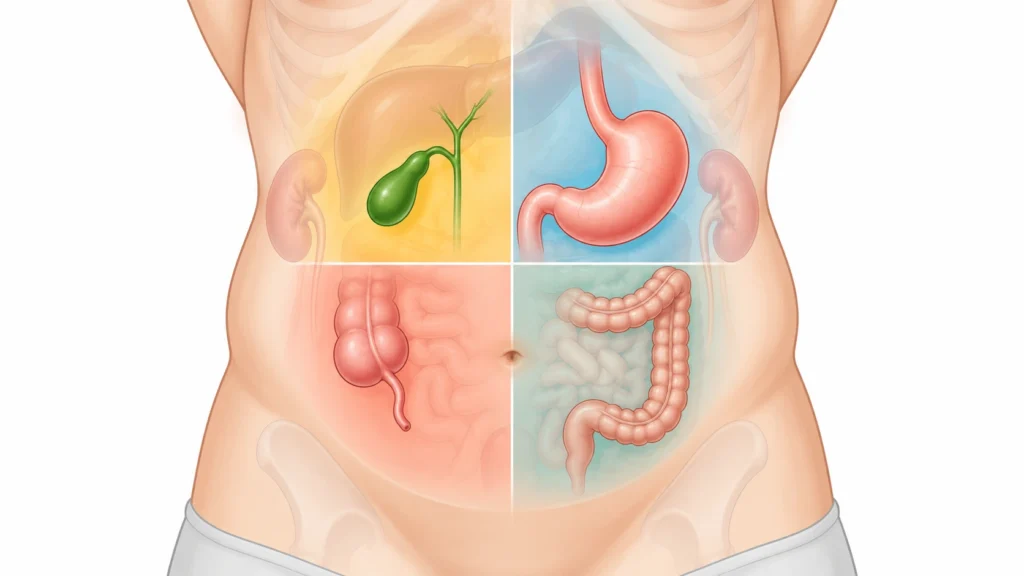 Belly map in four areas showing the organs that can cause pain on the left or right side besides kidney stones