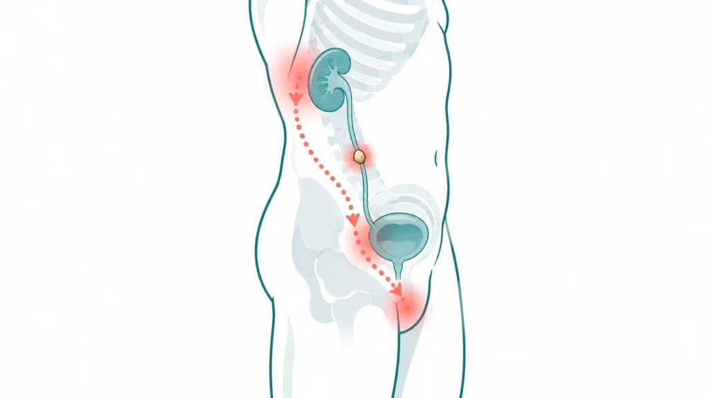 Kidney stone in the ureter with pain spreading from the side below the ribs to the lower belly and groin