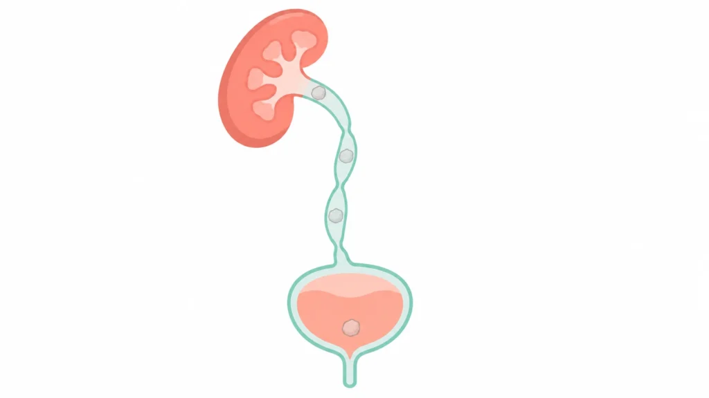 Path of a kidney stone from the kidney through the narrow ureter to the bladder and urethra