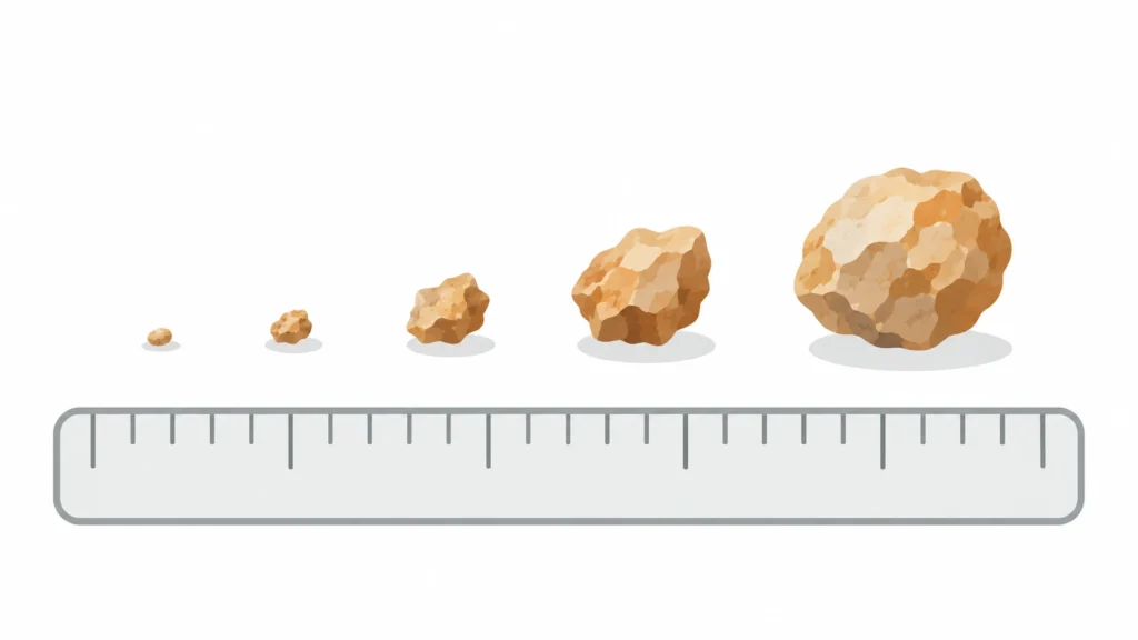 Kidney stones lined up by size, from a grain of sand to a pea, beside a ruler