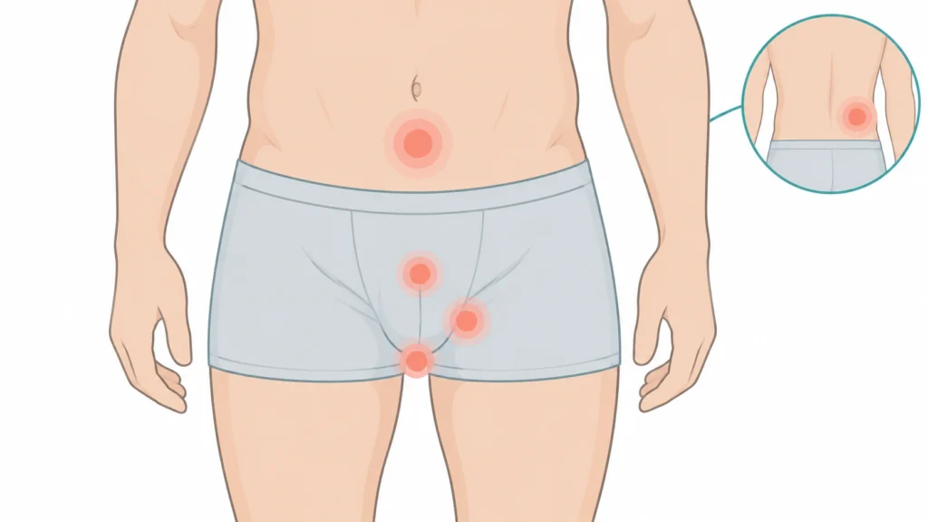 Male body outline with marked spots at the penis, lower belly, perineum, testicle and back, showing where UTI symptoms in men are felt