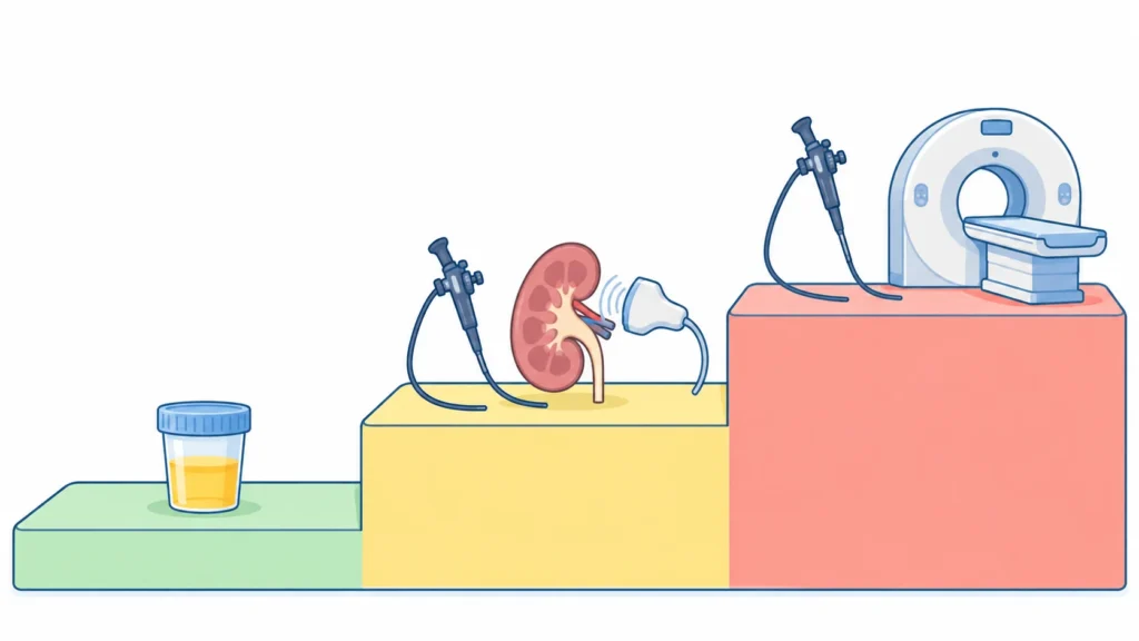 Three-step illustration of low, intermediate and high risk groups for microscopic blood in urine and the tests each group gets