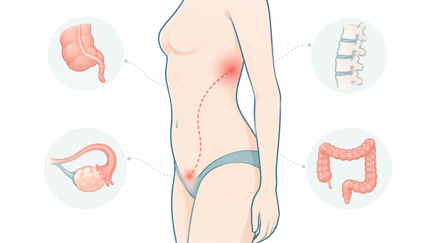 Torso outline with pain below the ribs running to the groin, surrounded by organs whose problems can mimic kidney stone pain