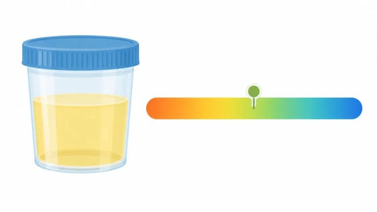 Urine sample cup next to a color scale from acidic orange to alkaline blue showing a normal urine pH in the middle