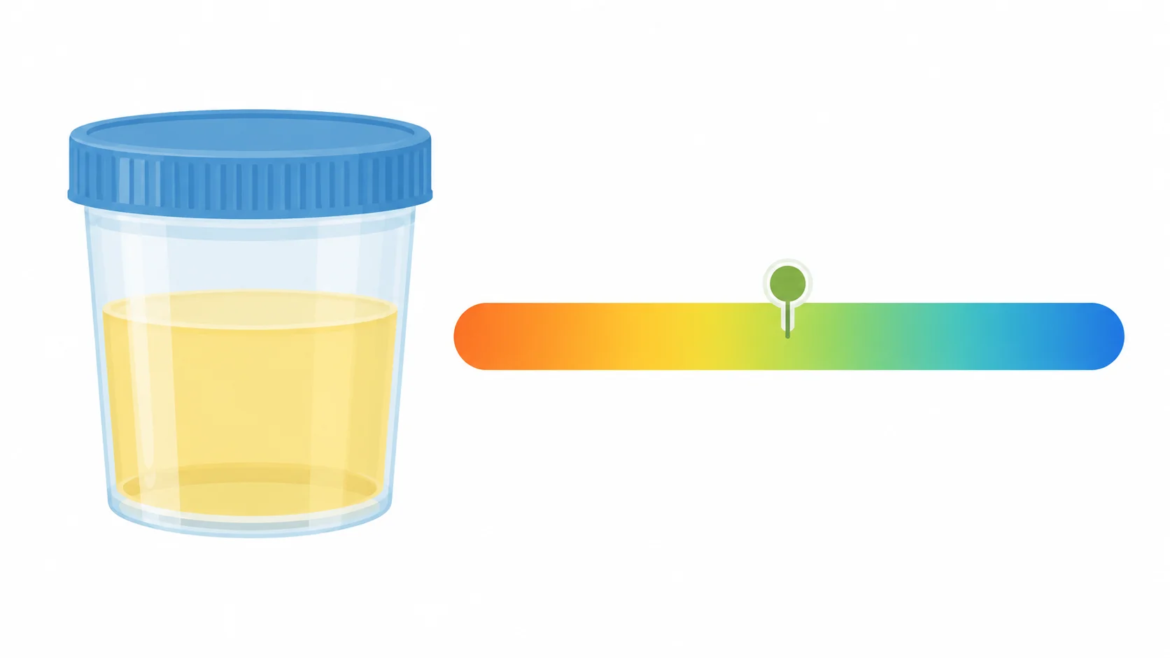 Urine sample cup next to a color scale from acidic orange to alkaline blue showing a normal urine pH in the middle
