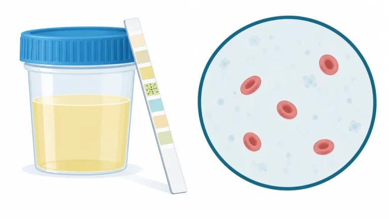 Normal-looking urine sample with a dipstick showing green speckles and a microscope view of a few red blood cells
