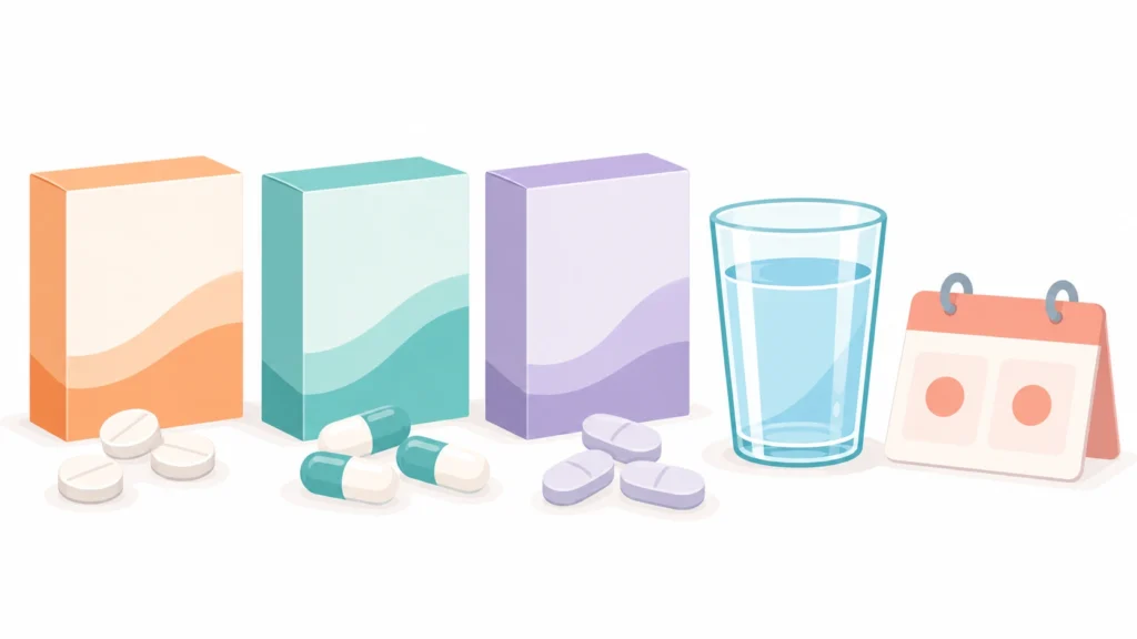Three blank medicine boxes with tablets and a glass of water, showing over-the-counter UTI pain relief options