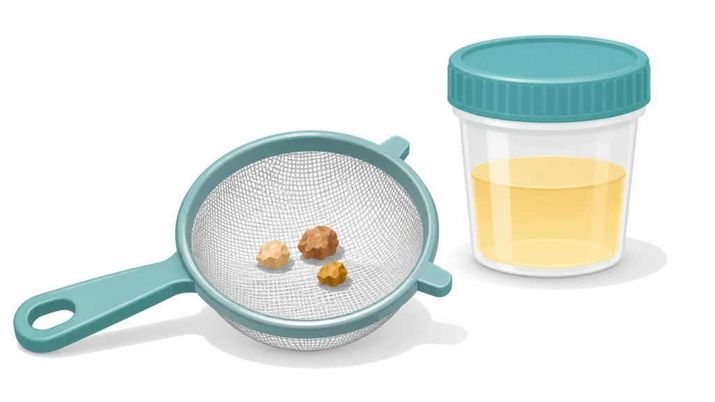 Small brown and tan kidney stones caught in a urine strainer next to a specimen cup
