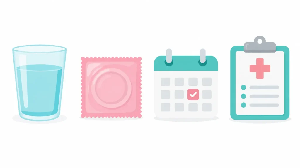 Water glass, condom packet, calendar and clipboard representing ways to prevent UTIs and STDs