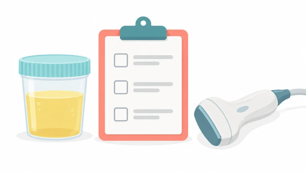 Urine cup, clipboard checklist and ultrasound probe, showing the tests a doctor uses to check for recurrent UTIs