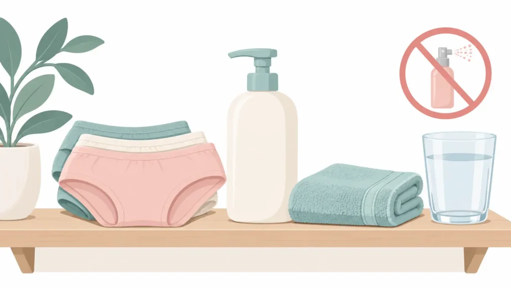 Cotton underwear, unscented wash and a towel with a crossed-out spray, showing simple steps to relieve vaginal itching