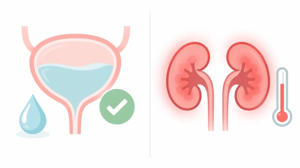 Calm bladder on one side and inflamed kidneys with a thermometer on the other, showing signs a UTI is going away or getting worse