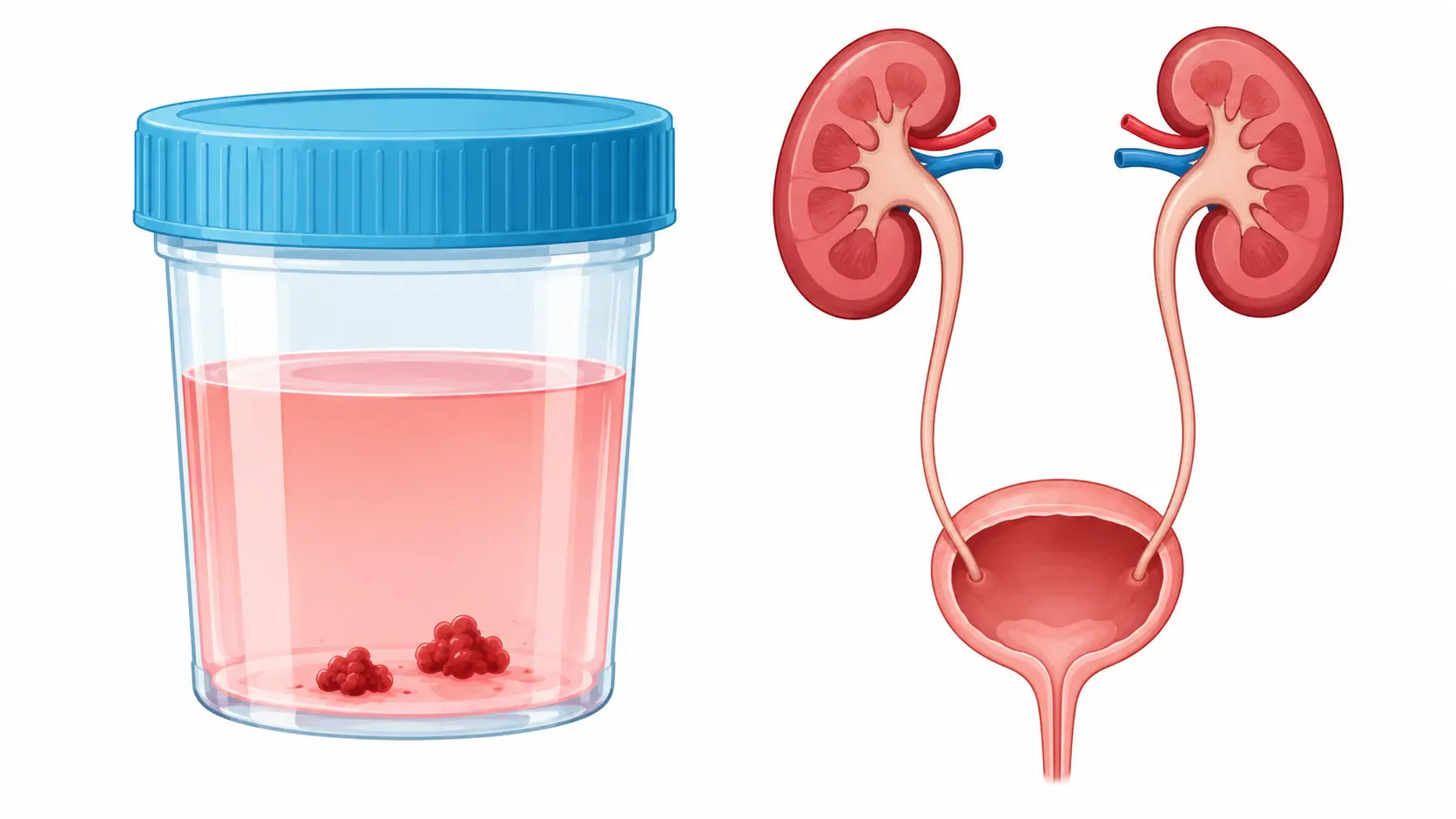 Urine sample cup with small blood clots next to a simple drawing of the kidneys, ureters and bladder