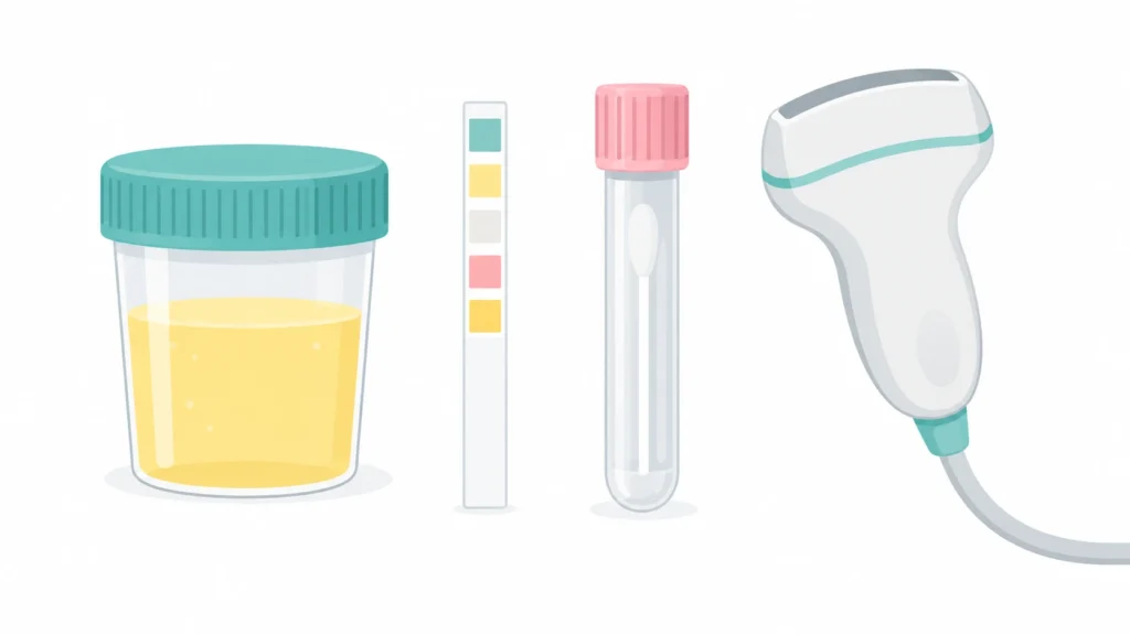 Urine cup, dipstick, swab tube and ultrasound probe used to find the cause of burning when you pee