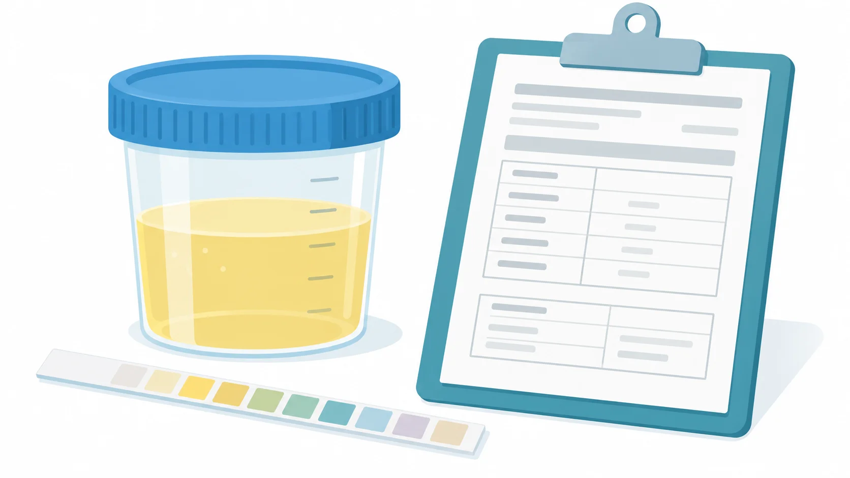 Urine sample cup, dipstick test strip and lab report illustrating urinalysis results