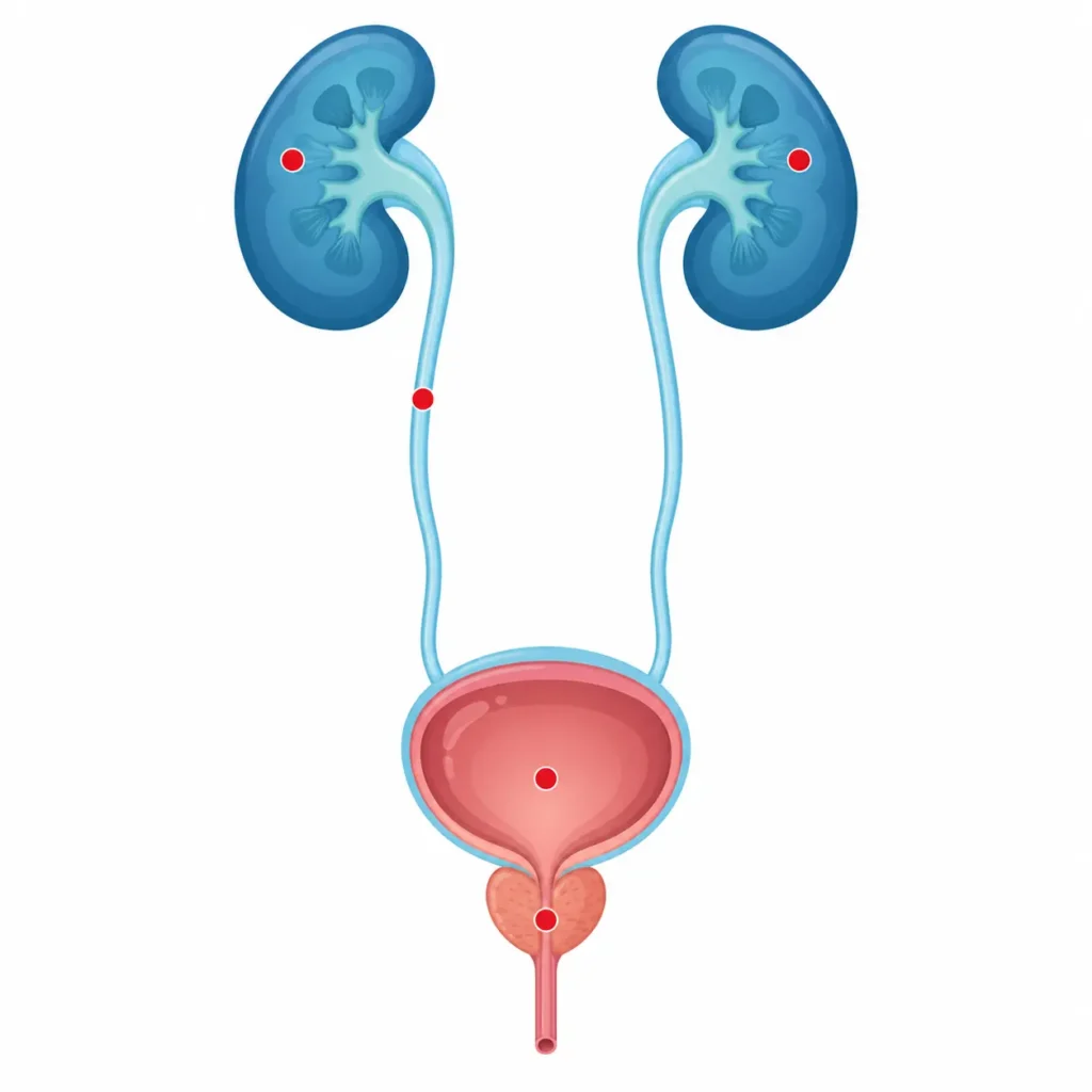Diagram of the kidneys, ureters, bladder, prostate and urethra marking the places where blood clots in urine can start