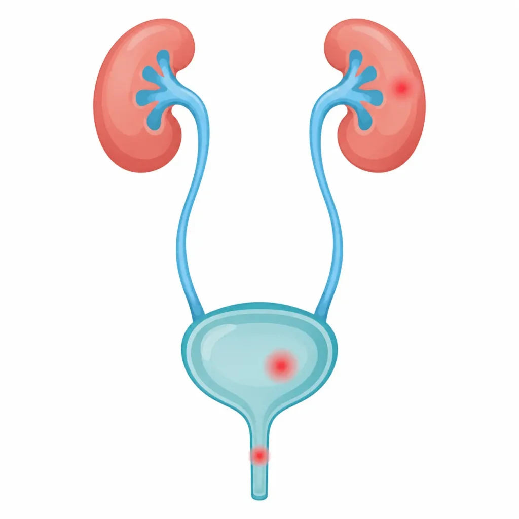 Diagram of the kidneys, ureters, bladder and urethra showing where a urinary tract infection can occur