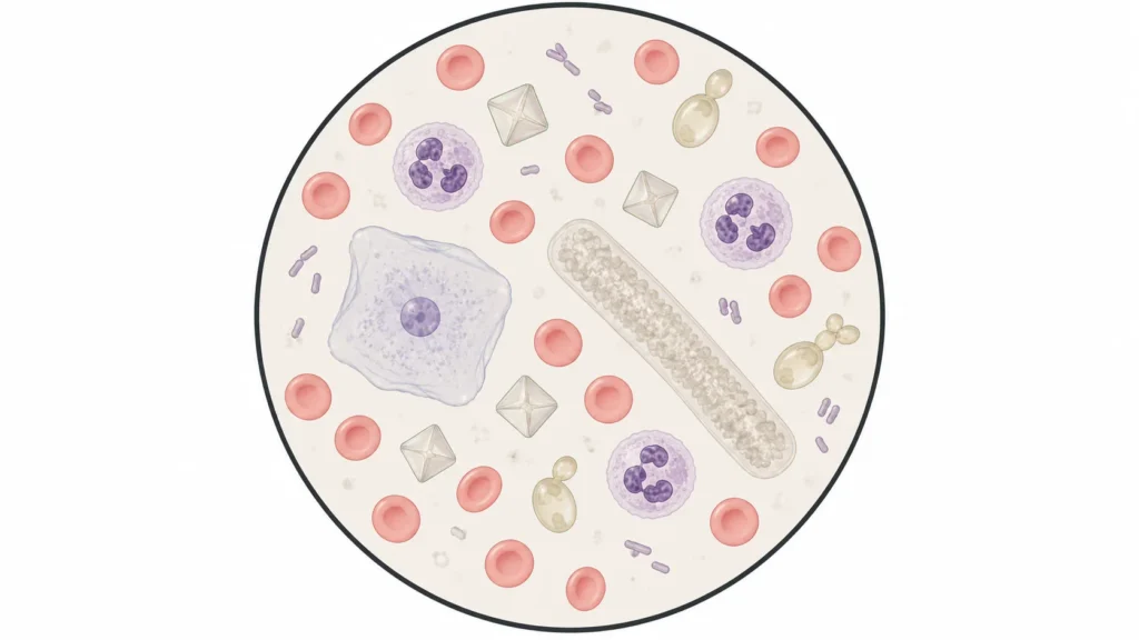 Illustration of urine sediment under a microscope with red cells, white cells, epithelial cells, a cast, crystals, bacteria and yeast