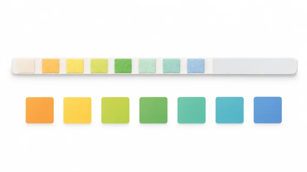 Urine dipstick pH pad compared with a seven-step color chart from orange to blue