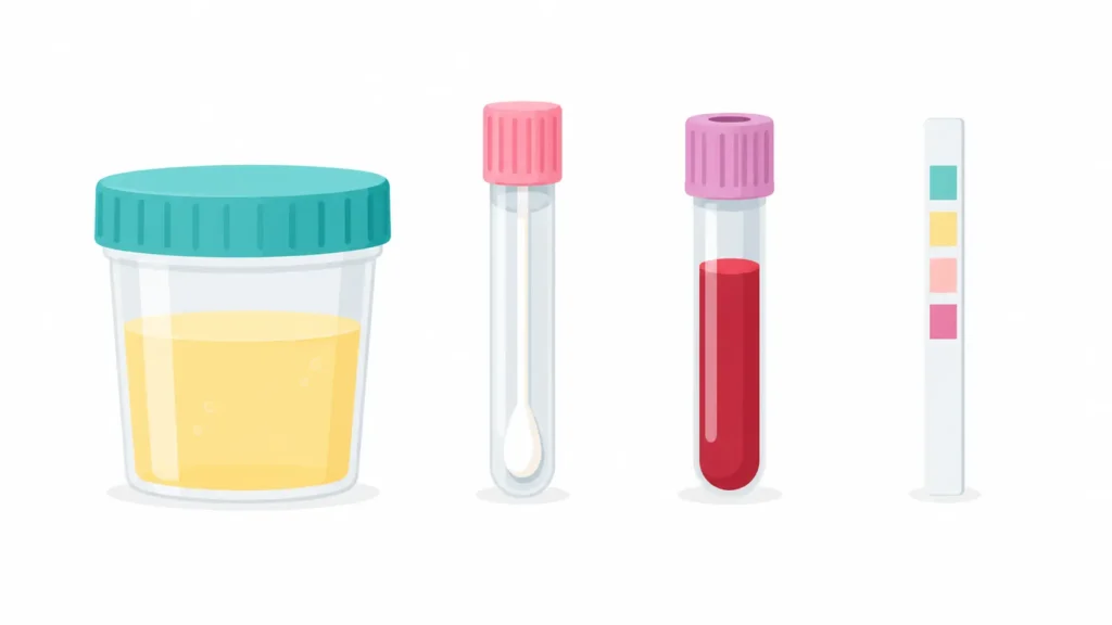 Urine cup, swab tube, blood tube and dipstick used to test for a UTI and STDs