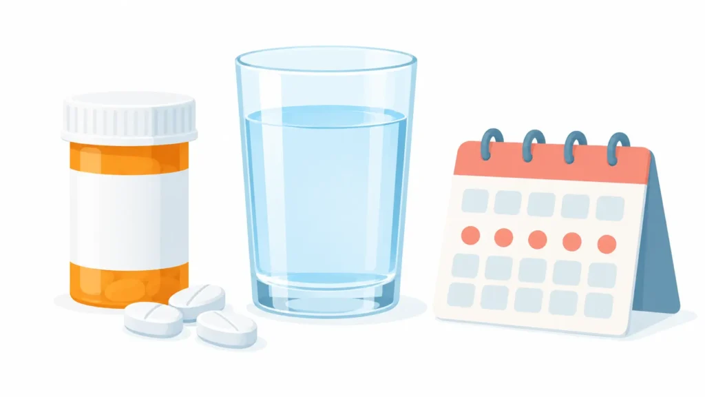 Antibiotic pill bottle, tablets and a glass of water used to treat a urinary tract infection