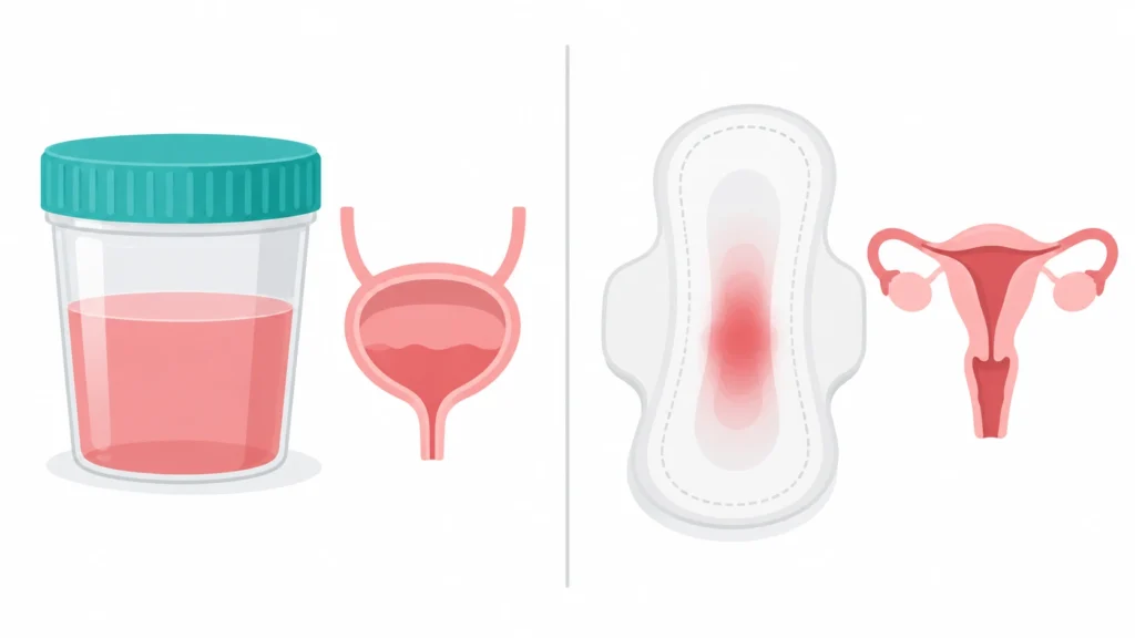 Pink urine in a cup beside a bladder icon compared with a pad and uterus icon, showing UTI blood vs period blood